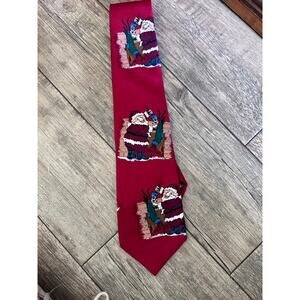 Vintage Yule Tide Greetings Hallmark Red 100% Silk Santa Coal Christmas Neck Tie